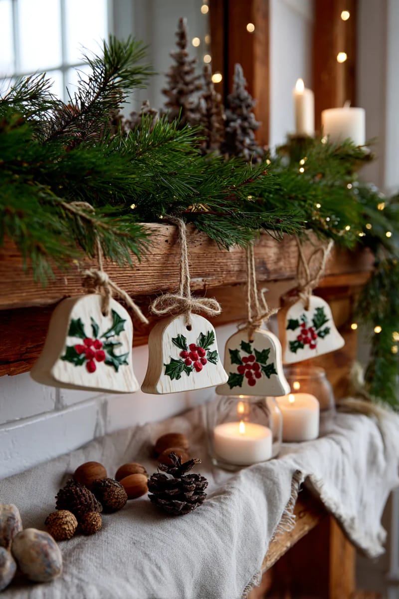 21 Wooden Christmas Ornament Ideas for a Warm and Natural Holiday Decor 47 chunky wooden bell silhouettes with hand-painted holly and berries 1