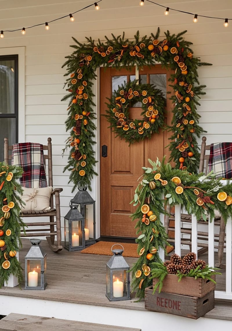 citrus and pine garland with dried orange slices for a rustic farmhouse look 1