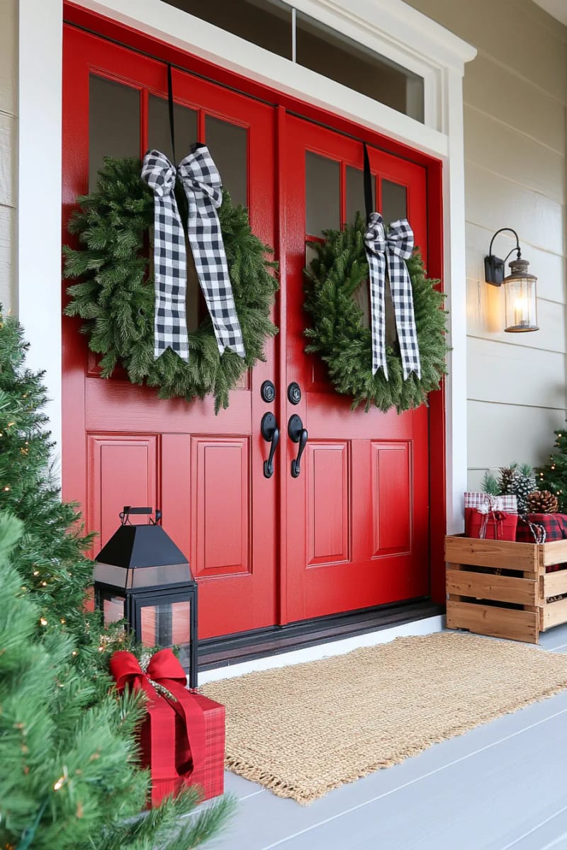 classic barn red front door with double pine wreaths and buffalo check ribbon 1