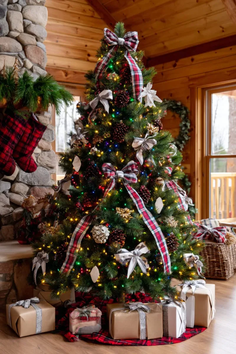 21 Whimsical Colorful Christmas Trees That Wow! 44 classic country christmas tree with plaid ribbons and multicolor lights 1