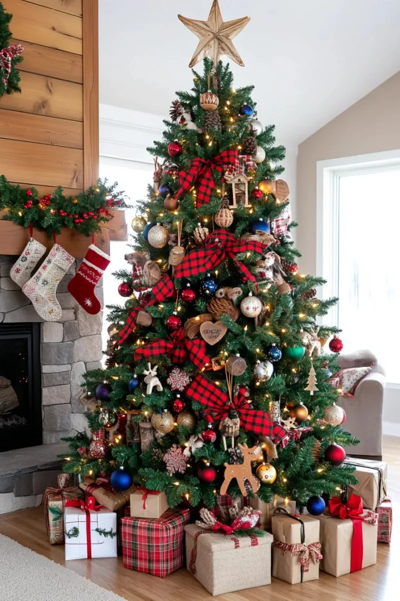 21 Whimsical Colorful Christmas Trees That Wow! 45 classic country christmas tree with plaid ribbons and multicolor lights 1