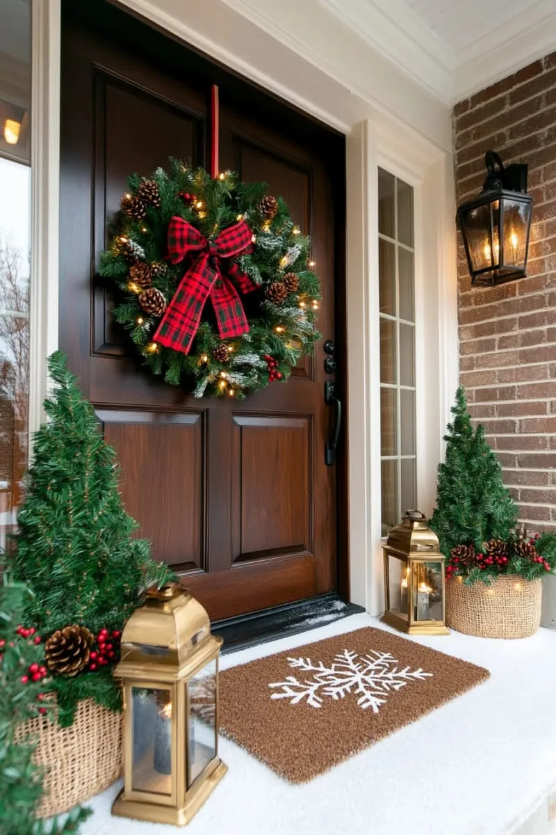classic evergreen wreath with plaid bow and pinecone accents 1