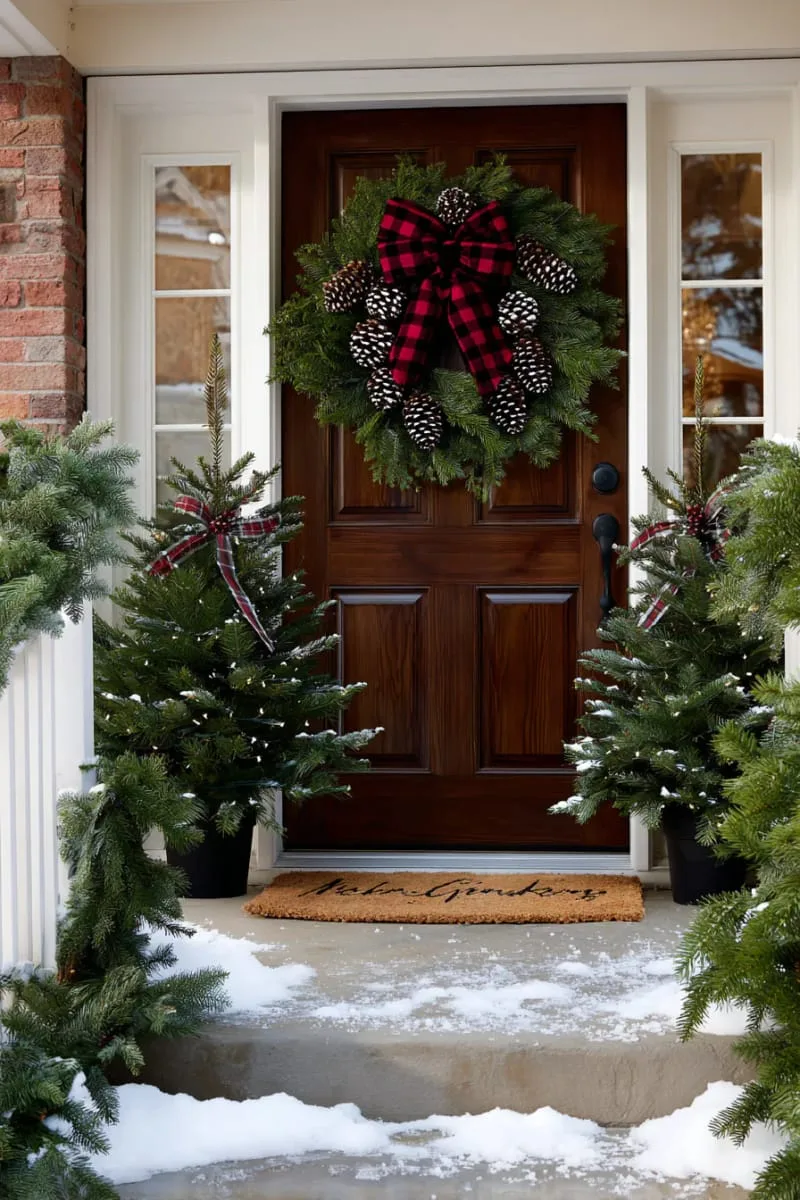 classic evergreen wreath with plaid bow and pinecone accents 1