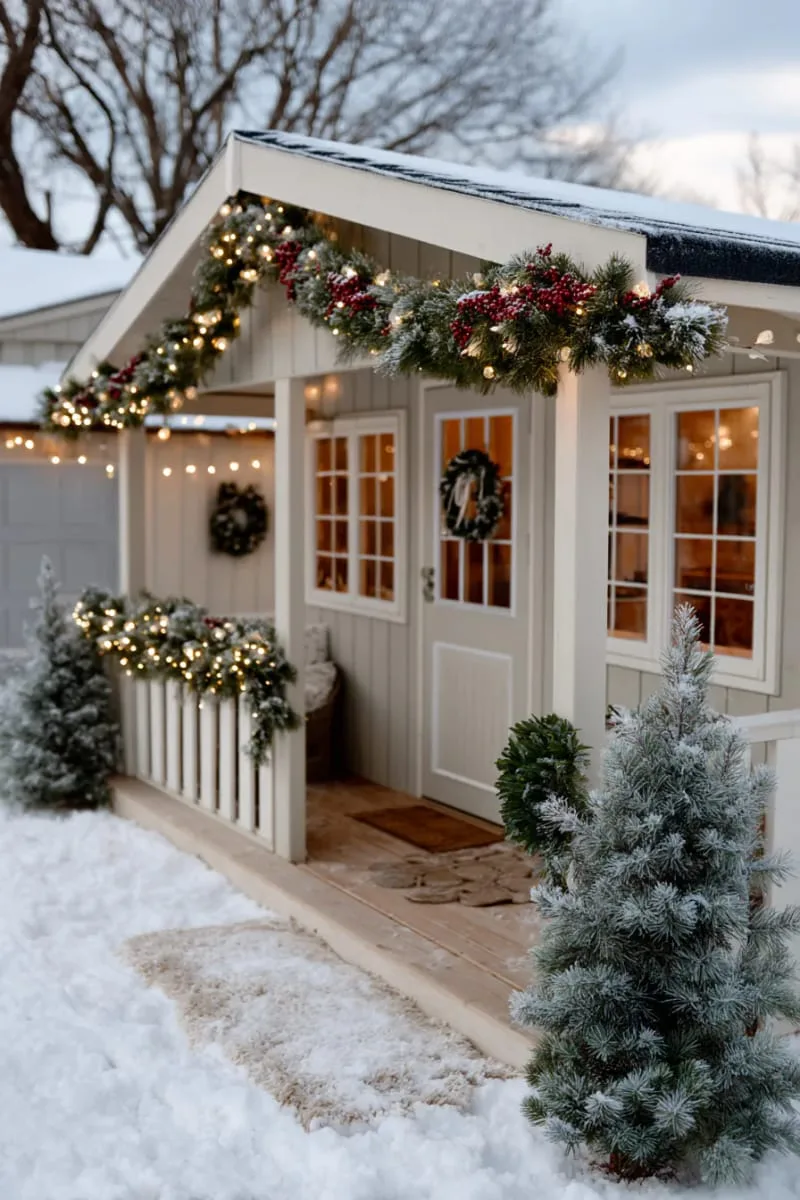 15 She Shed Christmas Decor Ideas For A Unique Winter Wonderland 13 classic garlands with white twinkle lights wrapped around porch railings 1