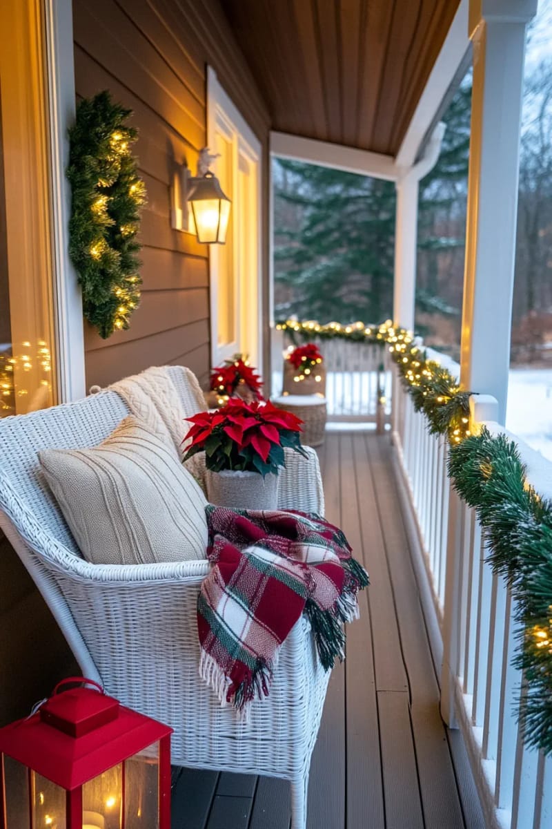 classic garlands with white twinkle lights wrapped around porch railings 1