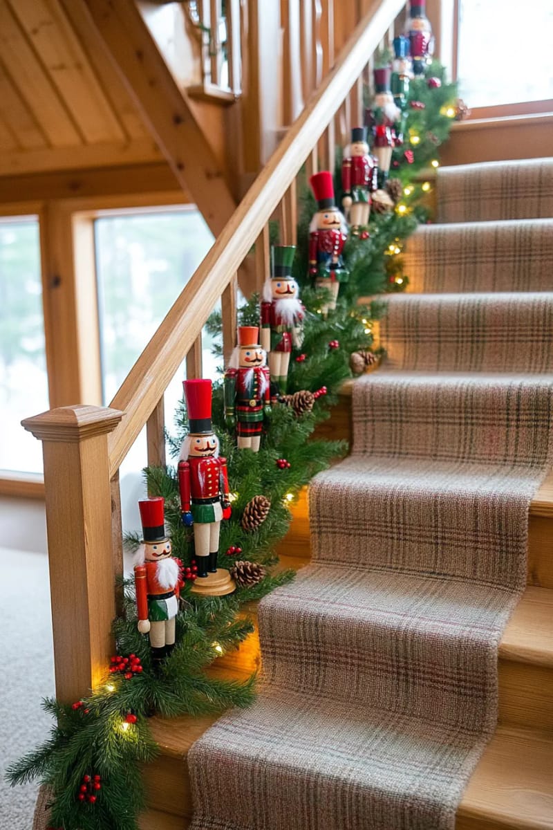 classic nutcracker collection lining the cozy log cabin staircase 1