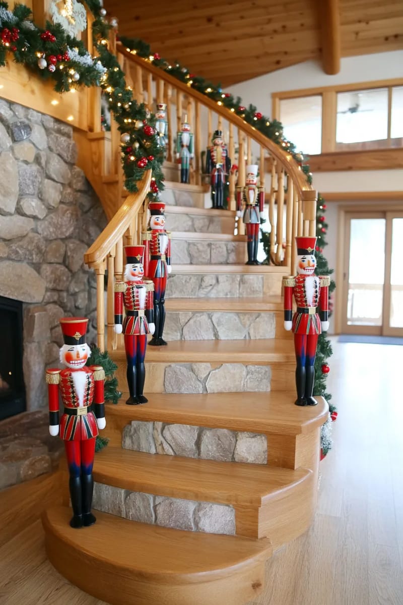 classic nutcracker collection lining the cozy log cabin staircase 1