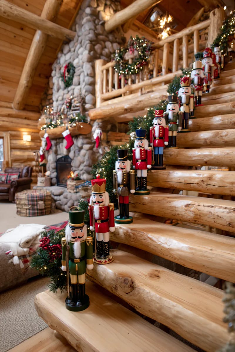 classic nutcracker collection lining the cozy log cabin staircase 1