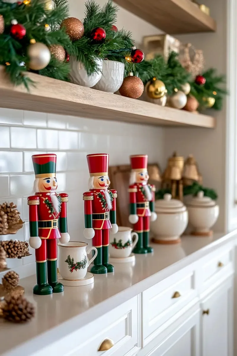 classic nutcracker soldiers standing guard on open kitchen shelves 1