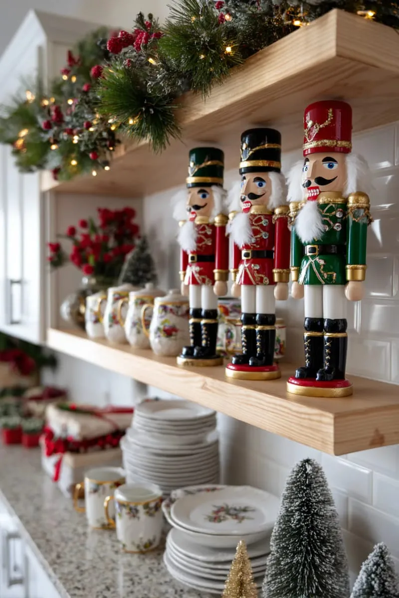 classic nutcracker soldiers standing guard on open kitchen shelves 1
