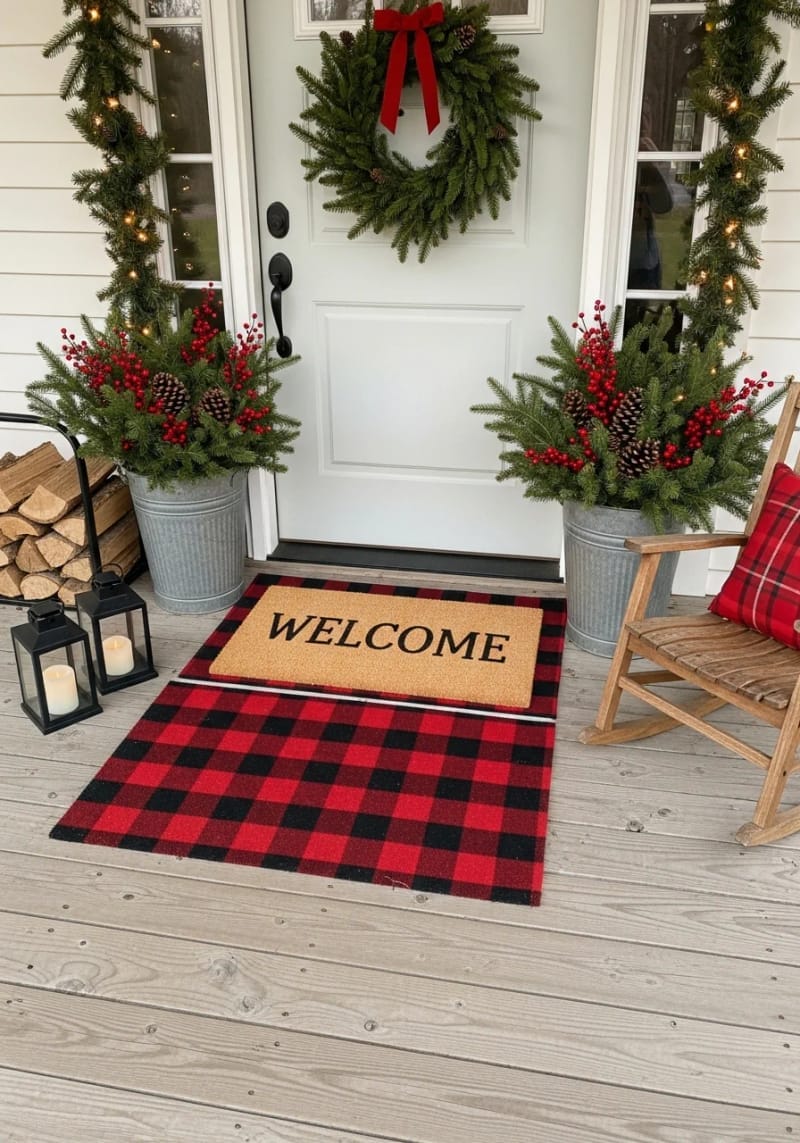 classic red and black buffalo check doormat layered under welcome mat 1