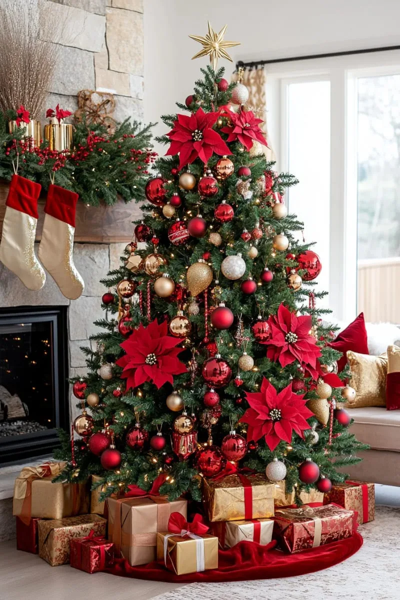 21 Whimsical Colorful Christmas Trees That Wow! 21 classic red and gold tree with oversized ornaments for a dramatic statement 1
