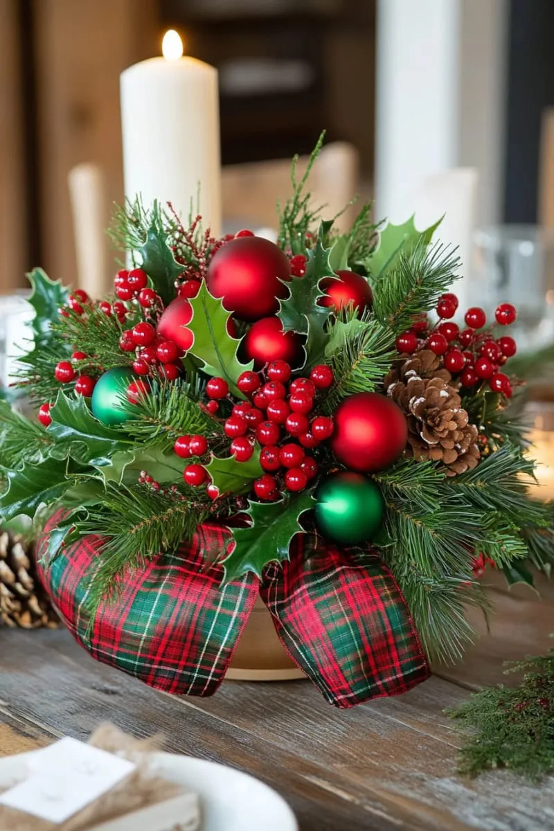 15 Easy DIY Christmas Centerpieces to Brighten the Yuletide Season 90 classic red-and-green arrangement with plaid ribbon and shiny ornaments 1