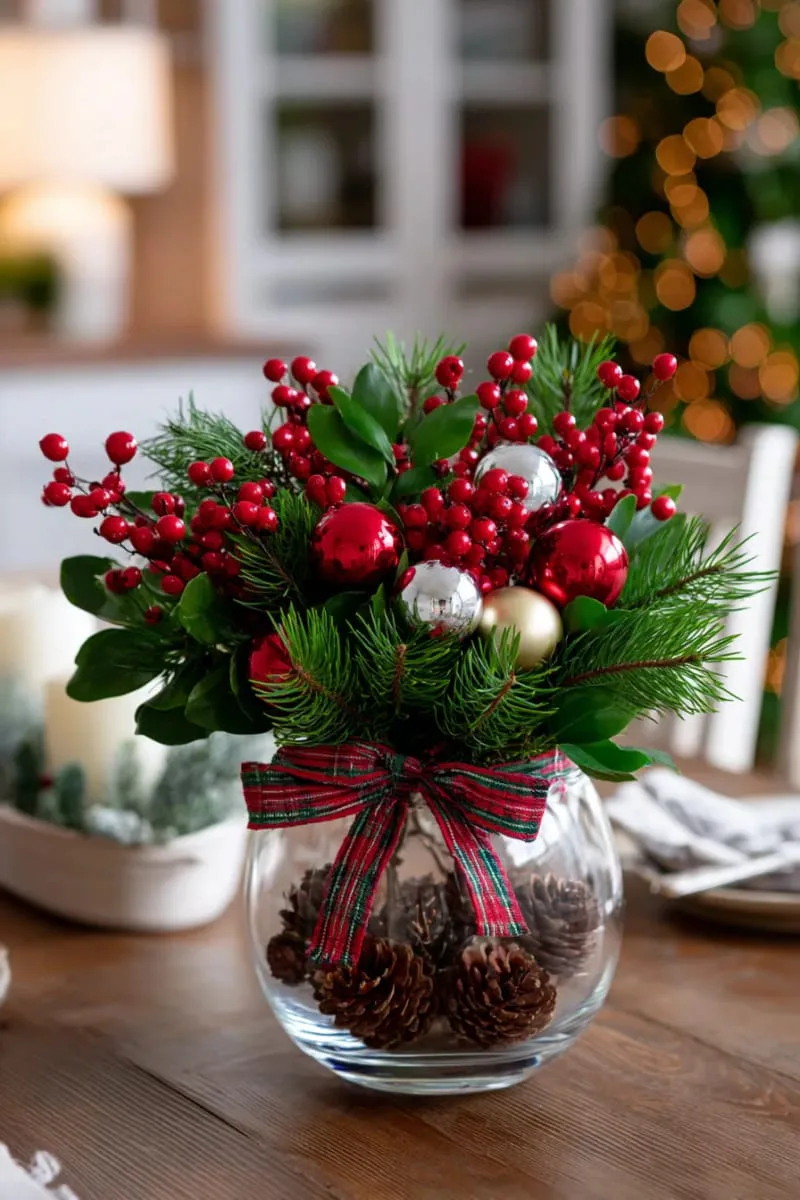 15 Easy DIY Christmas Centerpieces to Brighten the Yuletide Season 91 classic red-and-green arrangement with plaid ribbon and shiny ornaments 1