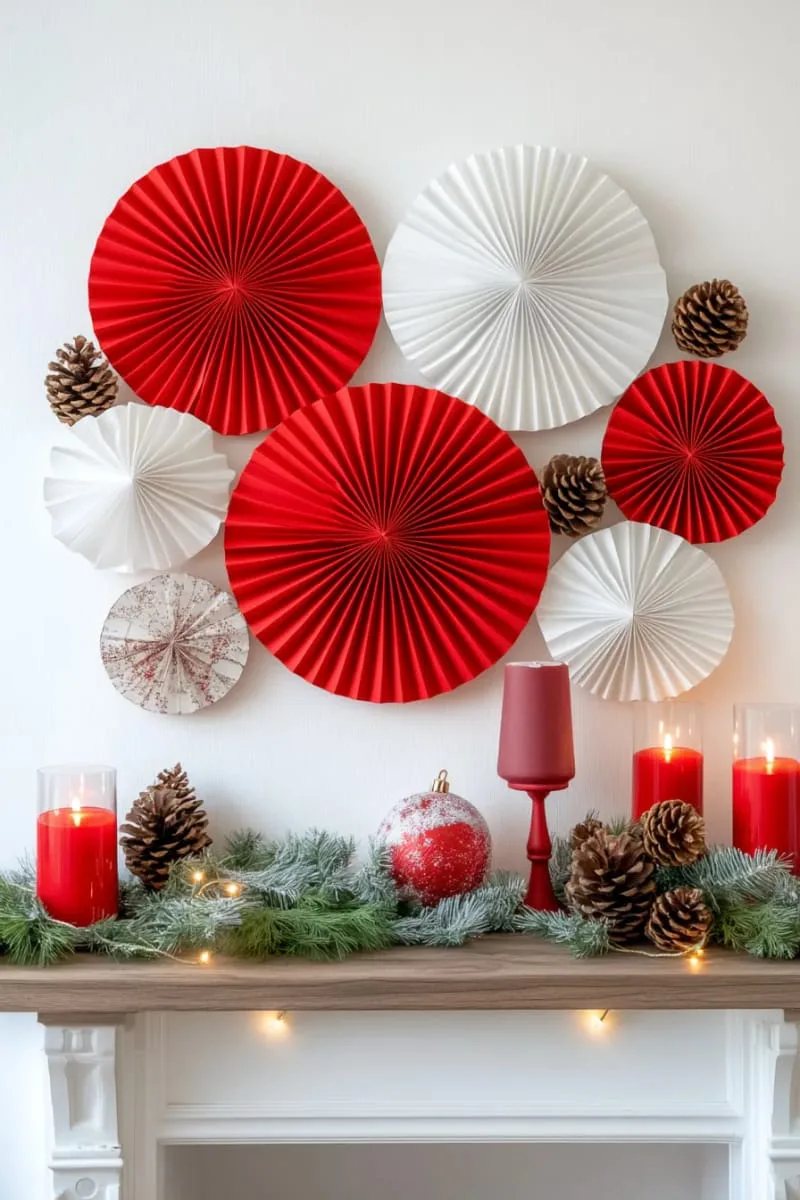 classic red and white paper medallions paired with pinecones 1