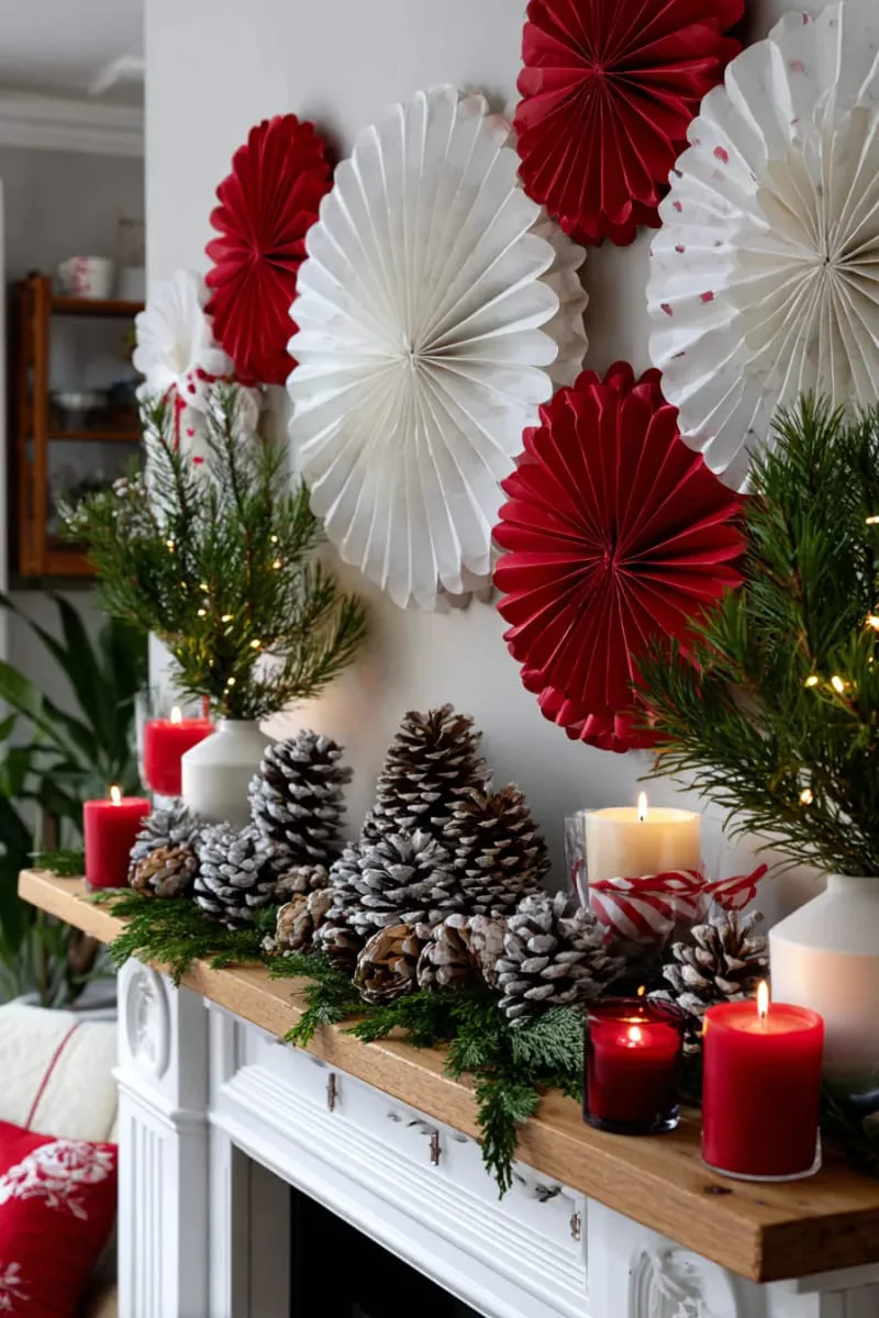 classic red and white paper medallions paired with pinecones 1