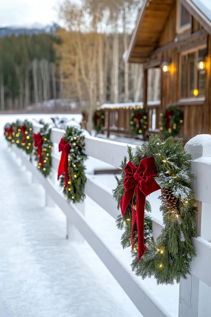 classic white ranch fence adorned with giant wreaths and velvet bows 1