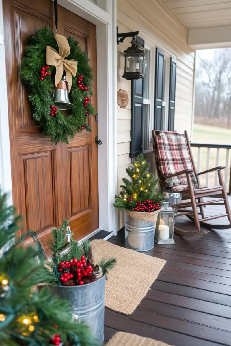 classic wreaths with burlap bows and mini cowbells on the front door 1