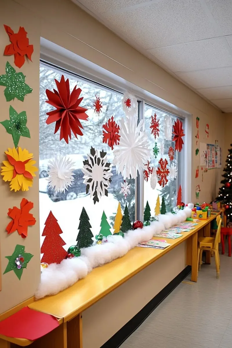 21 Festive Classroom Christmas Decor Ideas for a Joyful Season 77 classroom window snow scene using paper cutouts and cotton snow 1