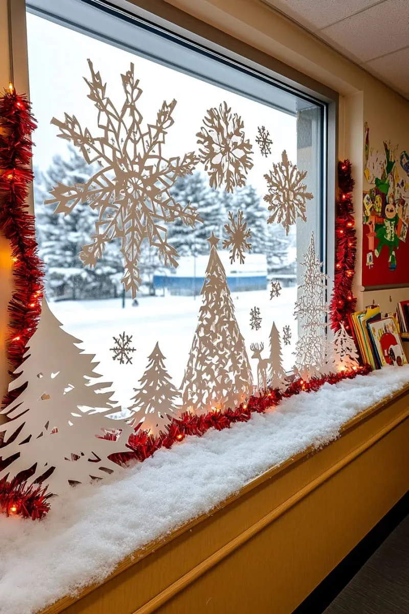21 Festive Classroom Christmas Decor Ideas for a Joyful Season 78 classroom window snow scene using paper cutouts and cotton snow 1