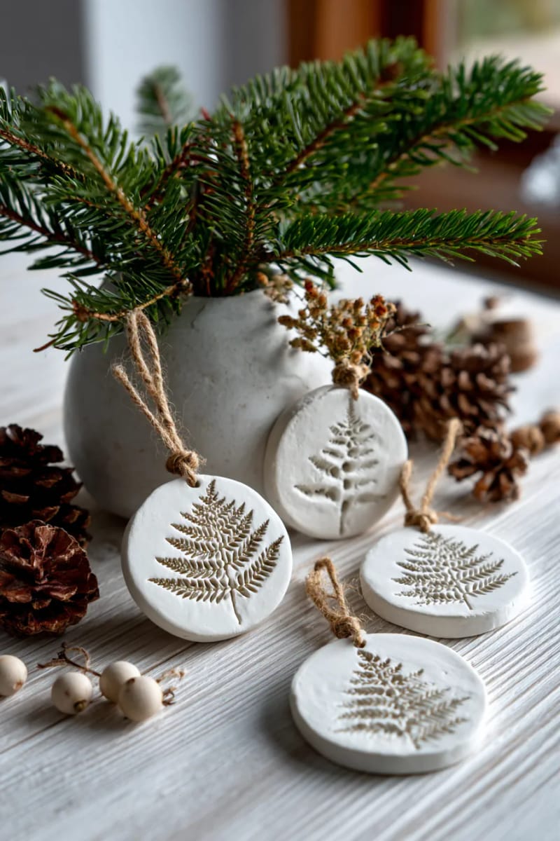 21 Scandinavian Christmas Decorations Ideas To Bring Nordic Charm at Home 31 clay tree ornaments with pressed botanicals and minimalist shapes 1