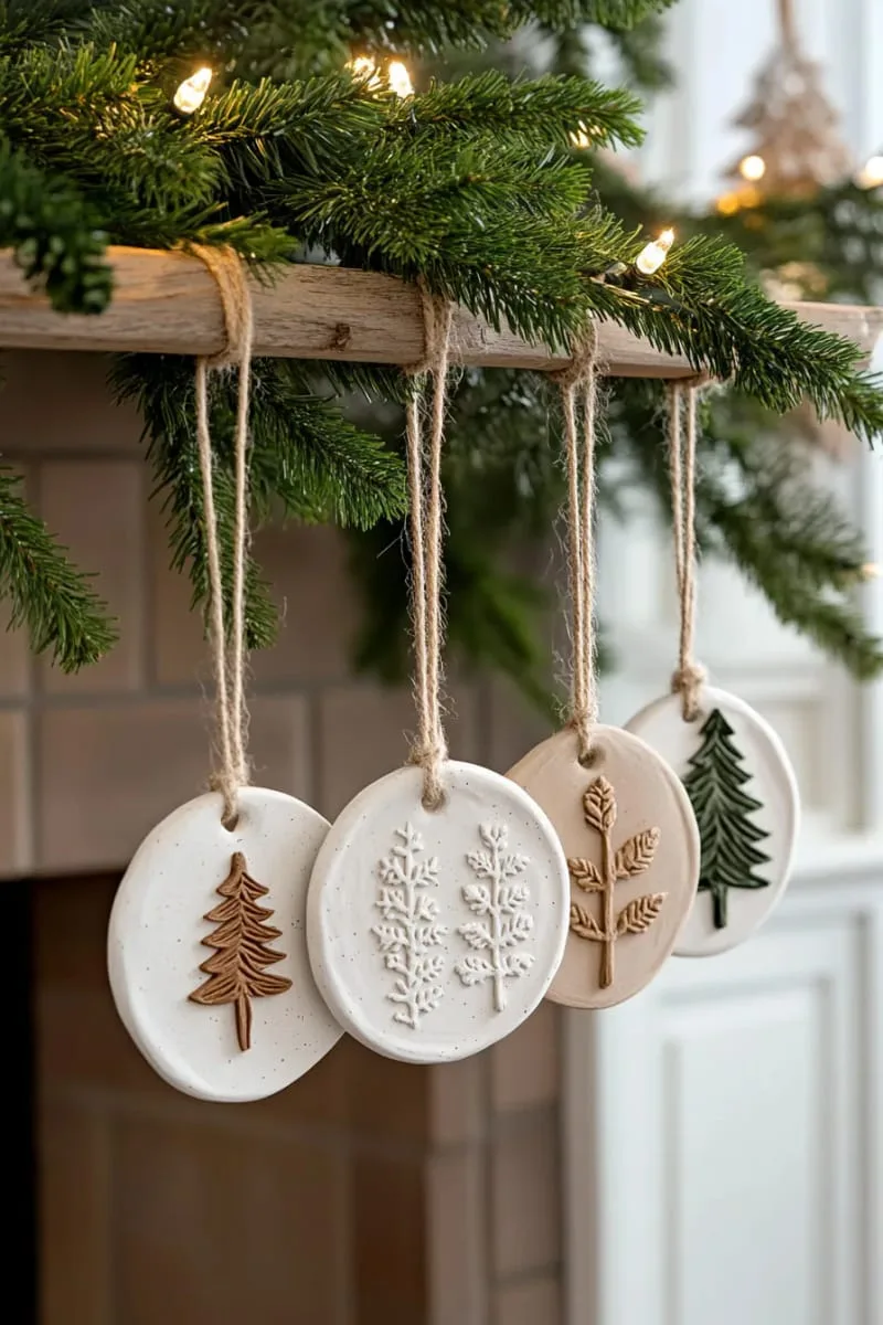 clay tree ornaments with pressed botanicals and minimalist shapes 1