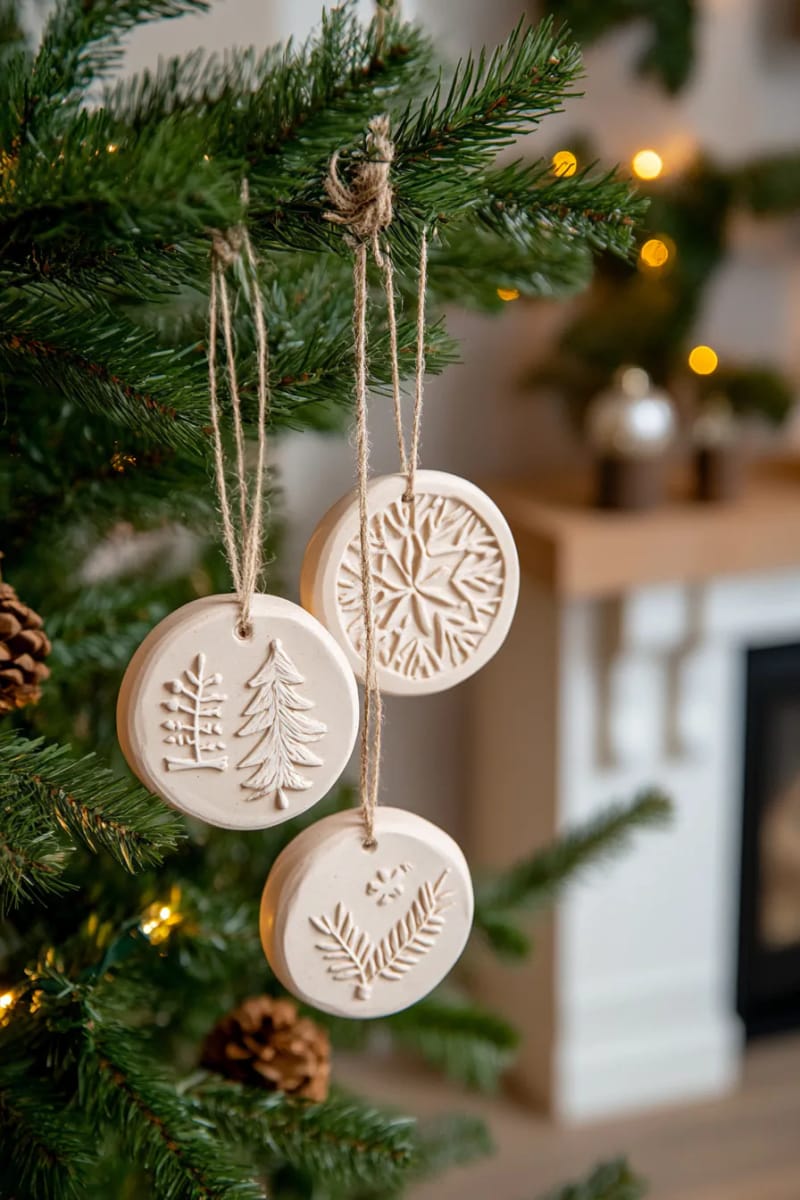 21 Scandinavian Christmas Decorations Ideas To Bring Nordic Charm at Home 33 clay tree ornaments with pressed botanicals and minimalist shapes 1