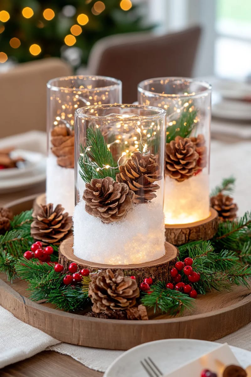 clear cylinder vases layered with fake snow, pinecones, and fairy lights 1