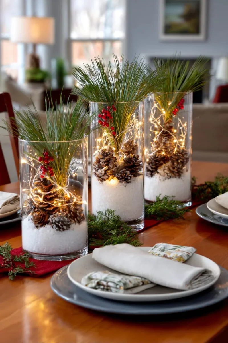 15 Easy DIY Christmas Centerpieces to Brighten the Yuletide Season 36 clear cylinder vases layered with fake snow, pinecones, and fairy lights 1