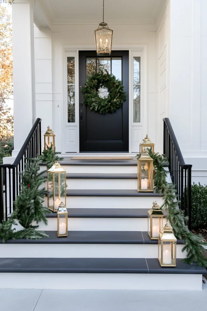 cluster of gold lanterns with flameless candles beside the steps 1