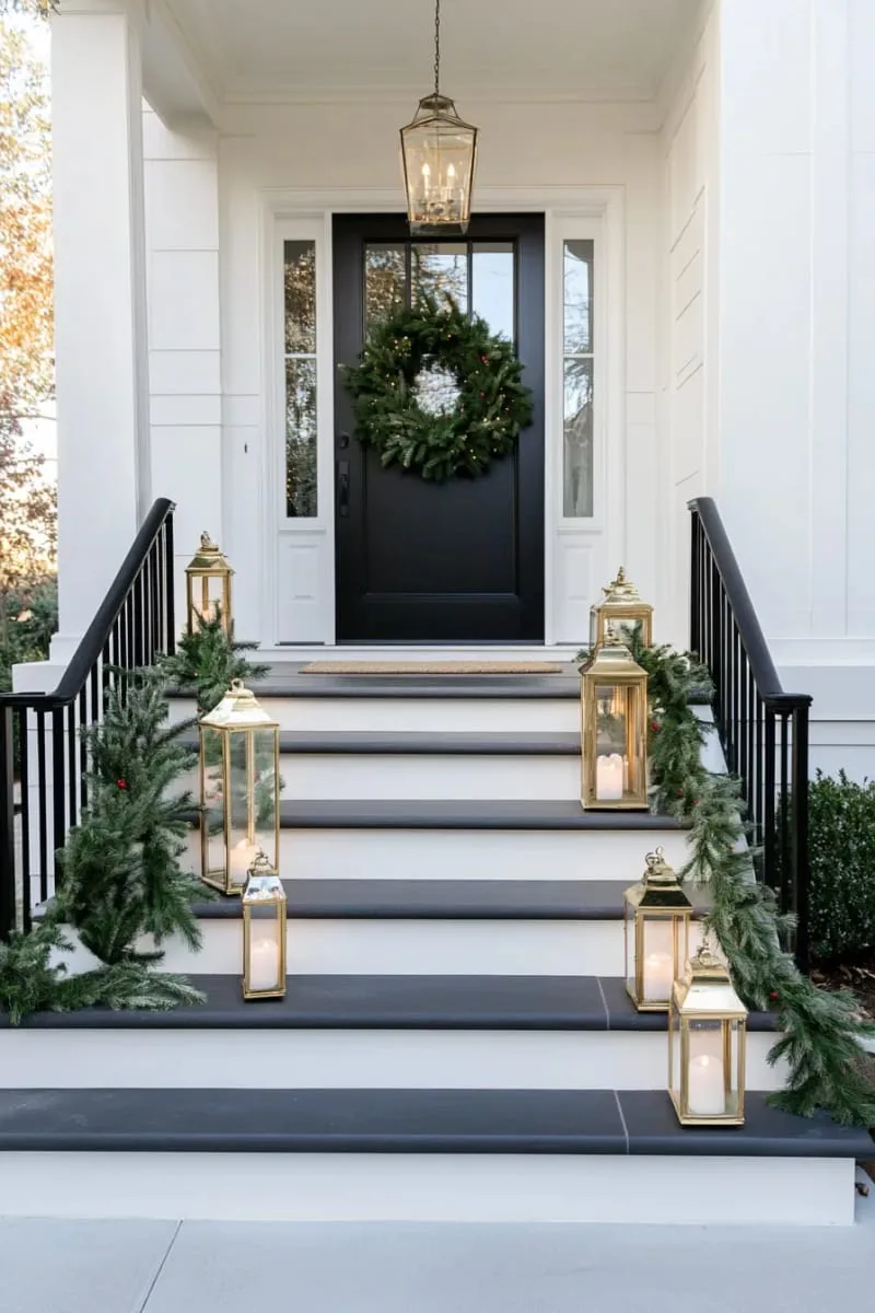 cluster of gold lanterns with flameless candles beside the steps 1