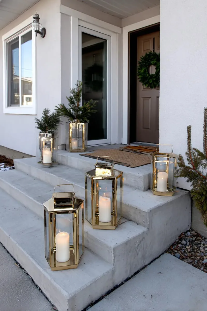 cluster of gold lanterns with flameless candles beside the steps 1