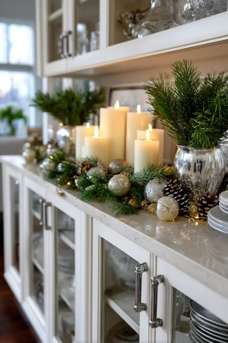 clustered pillar candles surrounded by pine sprigs on glass-front cabinets 1