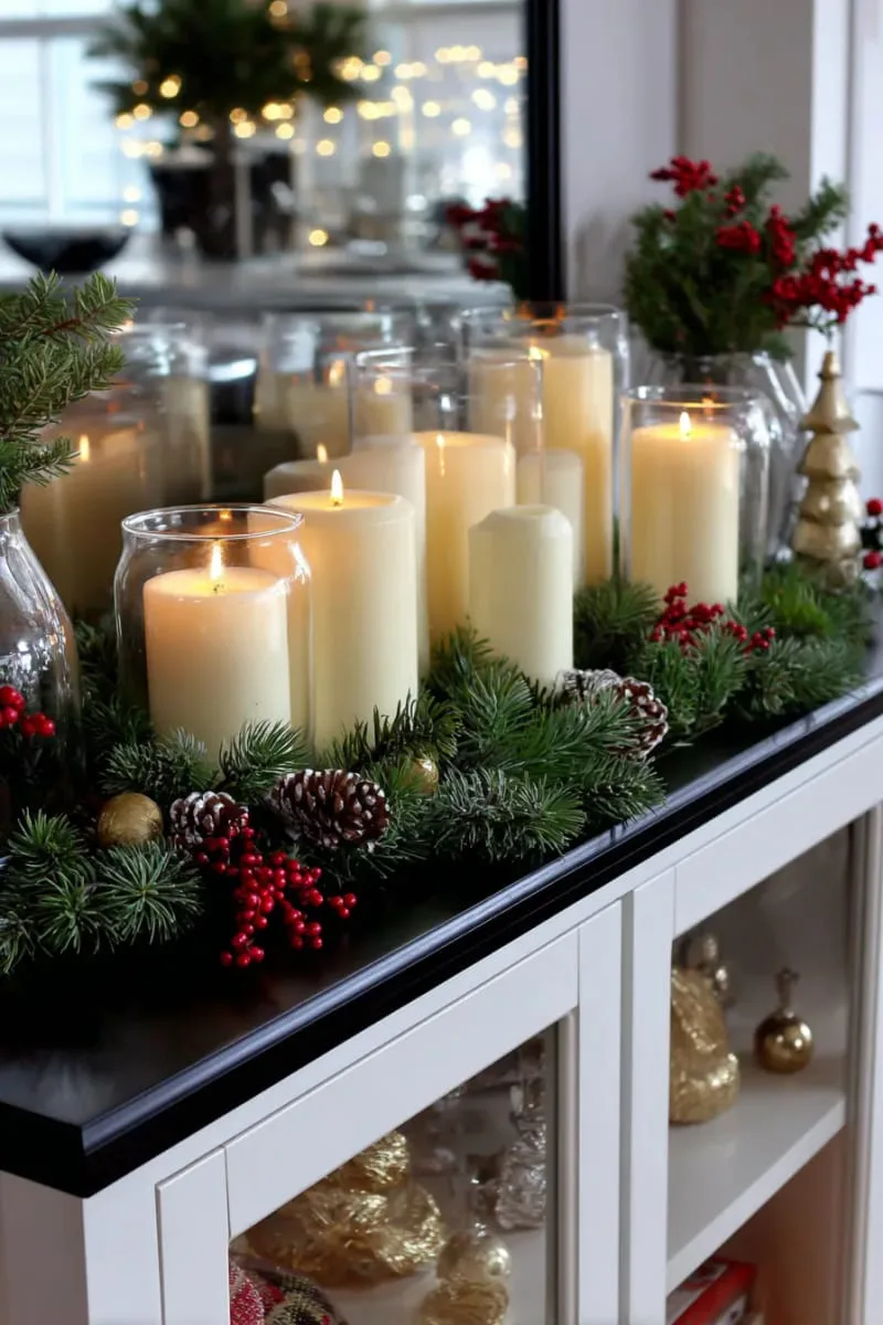 clustered pillar candles surrounded by pine sprigs on glass-front cabinets 1