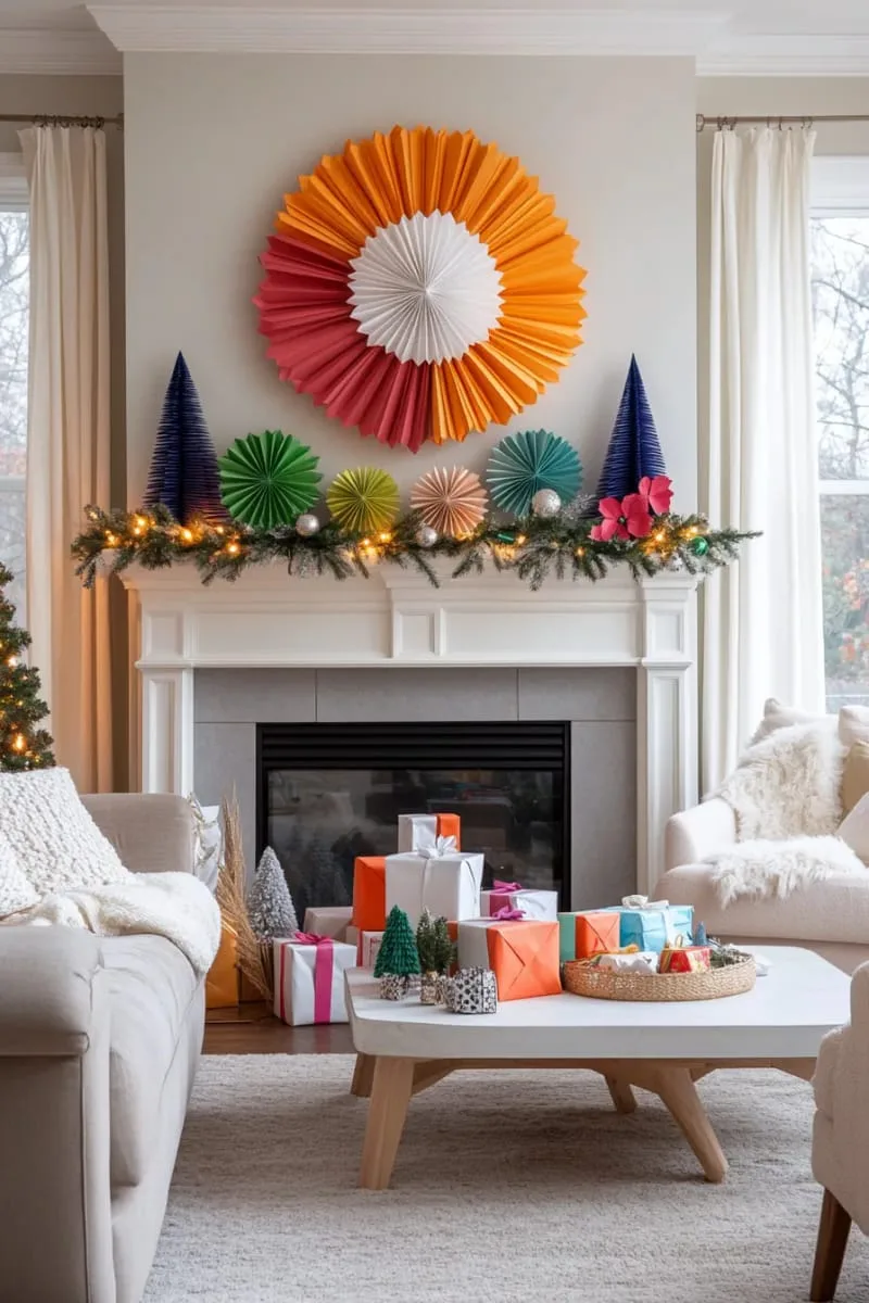 colorful accordion paper fans arranged as a cheerful holiday wreath 1