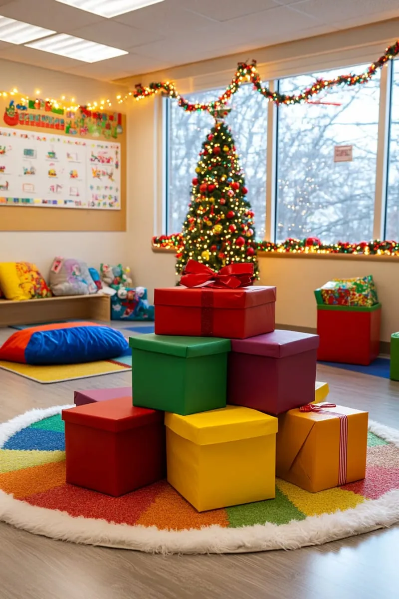 21 Festive Classroom Christmas Decor Ideas for a Joyful Season 83 colorful present boxes stacked in a pyramid as a table centerpiece 1