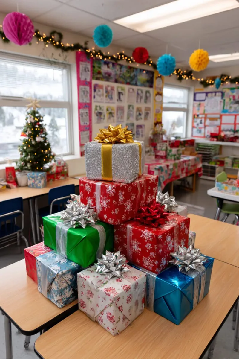 21 Festive Classroom Christmas Decor Ideas for a Joyful Season 84 colorful present boxes stacked in a pyramid as a table centerpiece 1