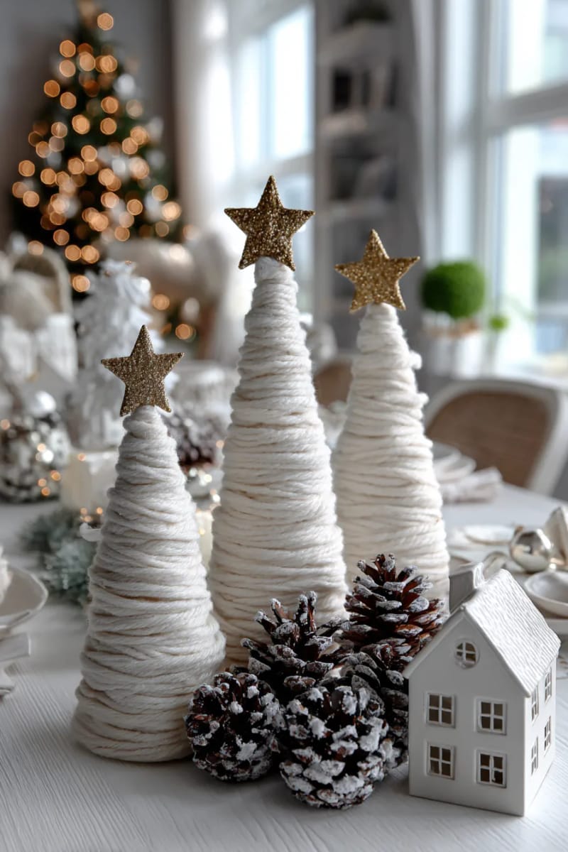 cone-shaped yarn christmas trees with golden star toppers and mini pinecones 1