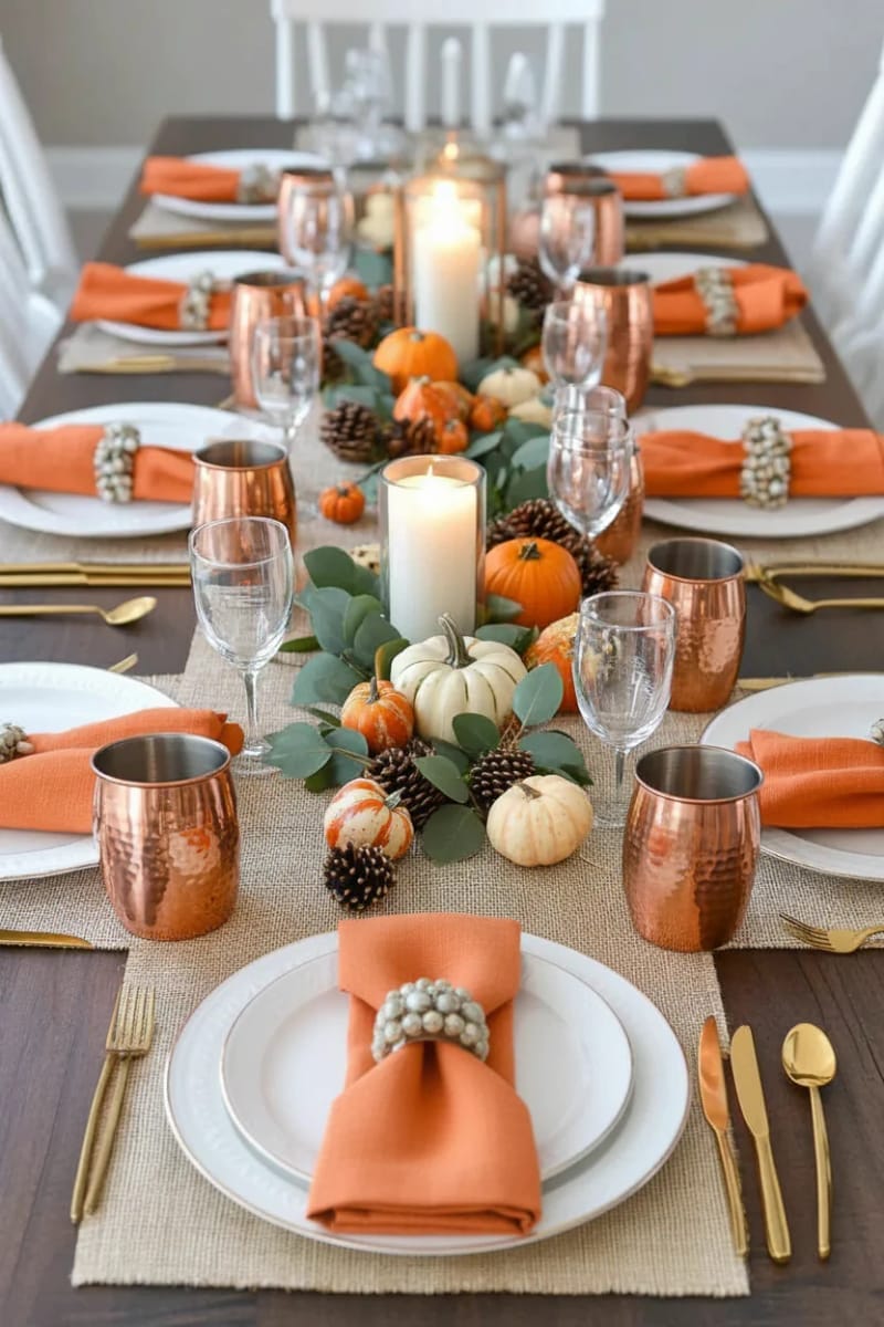 copper mugs and burnt orange napkins for a warm table setting 1