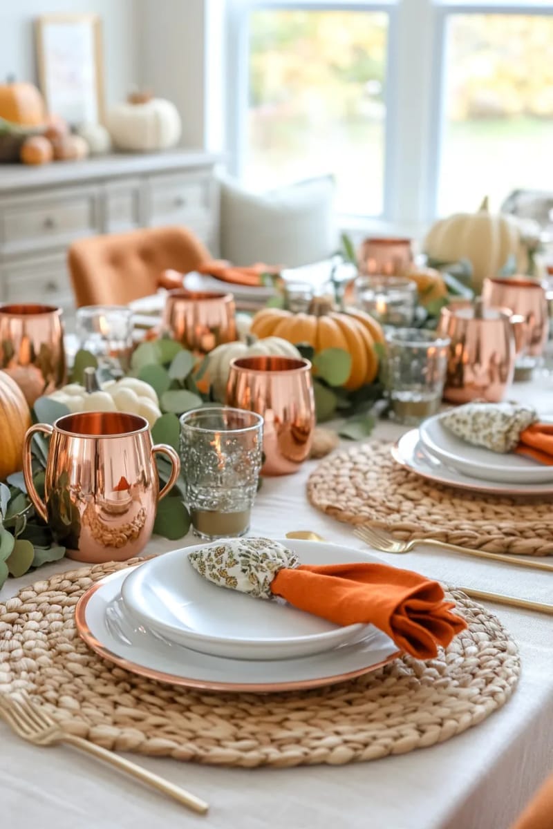 copper mugs and burnt orange napkins for a warm table setting 1