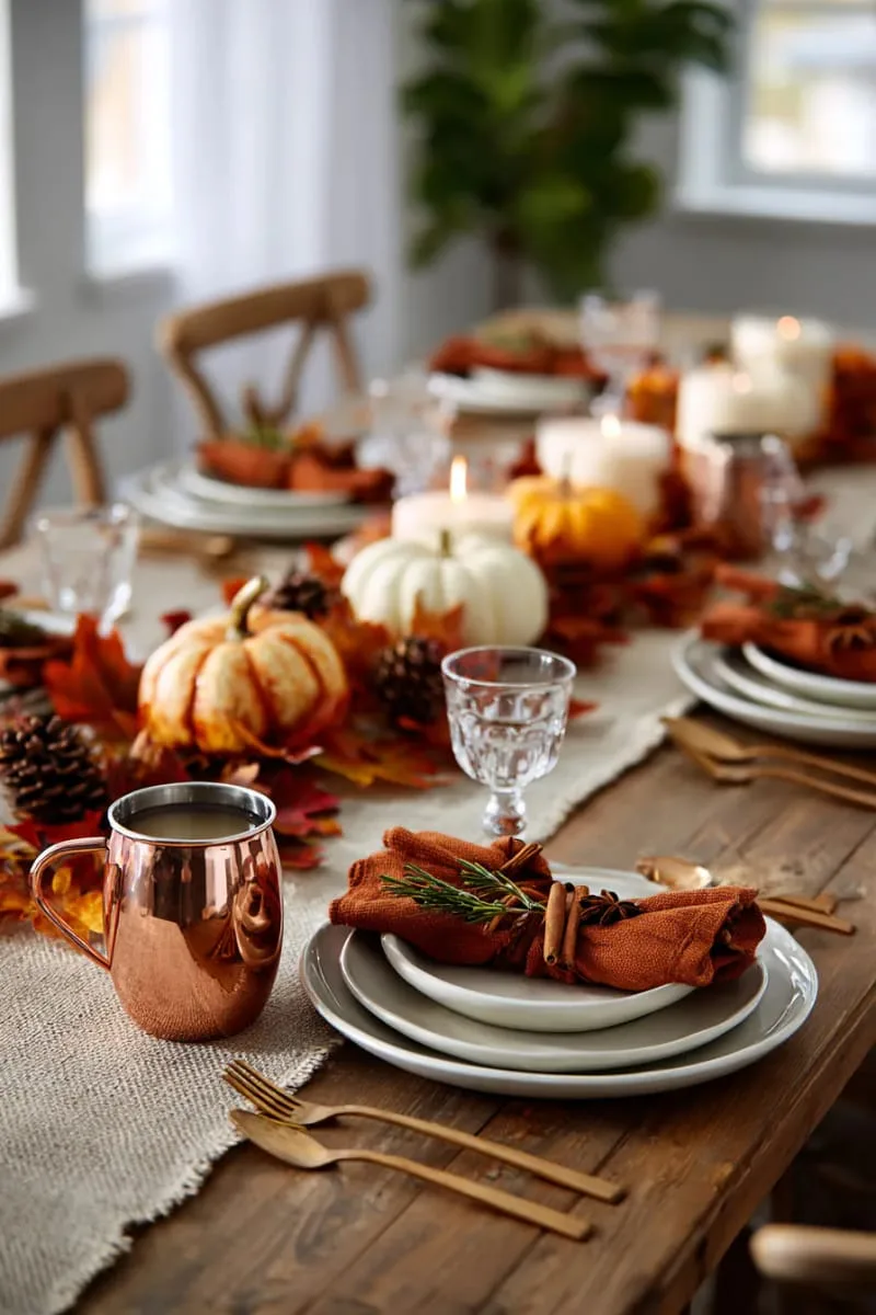 copper mugs filled with apple cider at each place setting 1