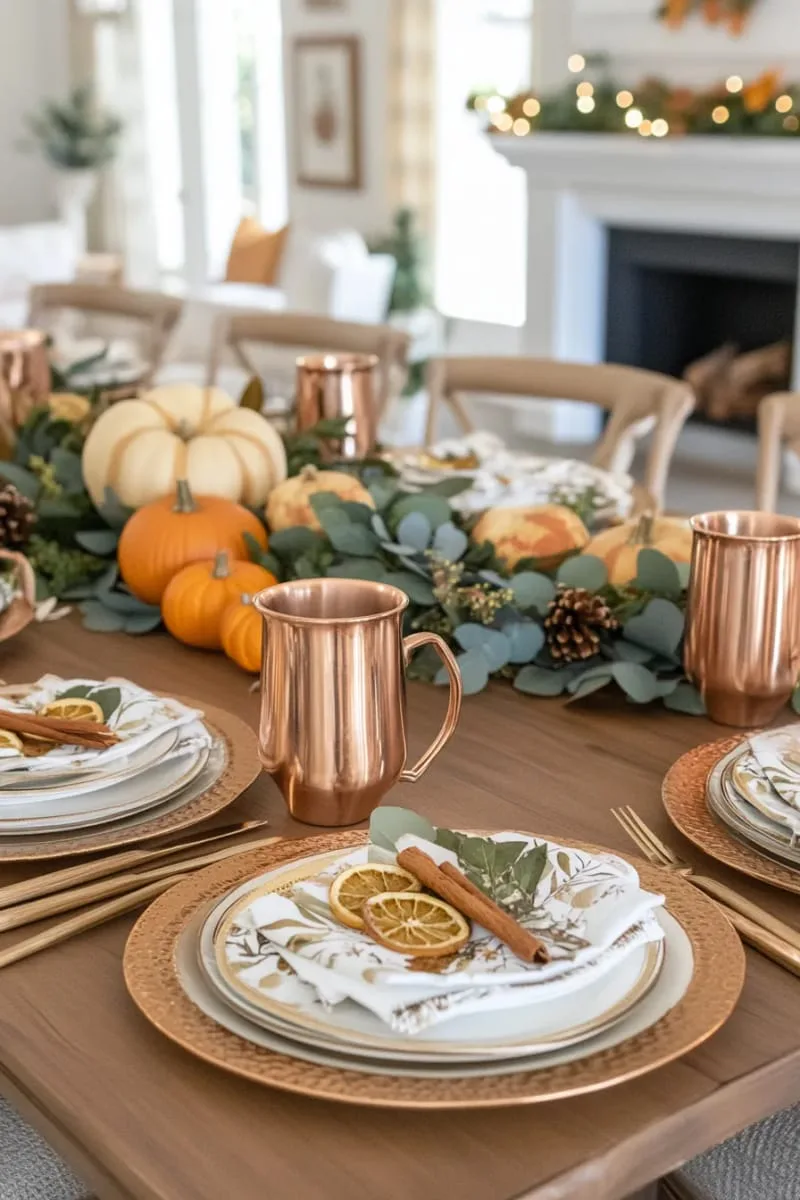 copper mugs filled with apple cider at each place setting 1