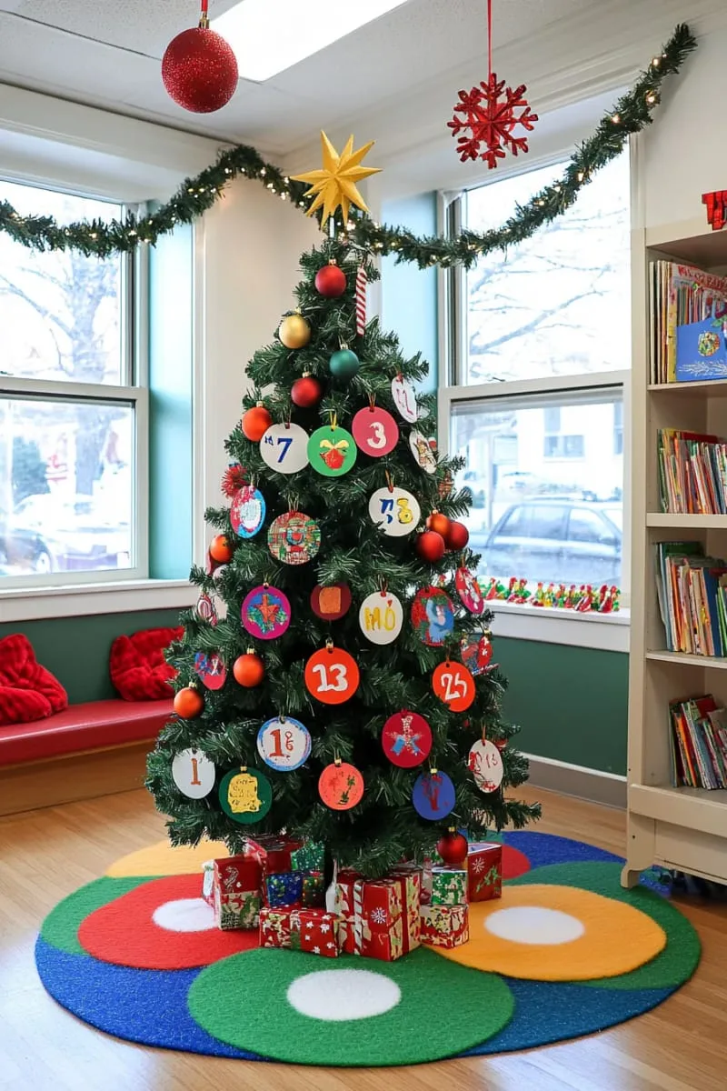 21 Festive Classroom Christmas Decor Ideas for a Joyful Season 45 countdown calendar tree where students add an ornament each day 1