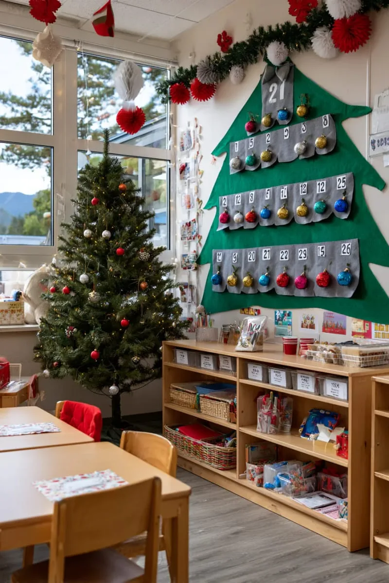 21 Festive Classroom Christmas Decor Ideas for a Joyful Season 46 countdown calendar tree where students add an ornament each day 1