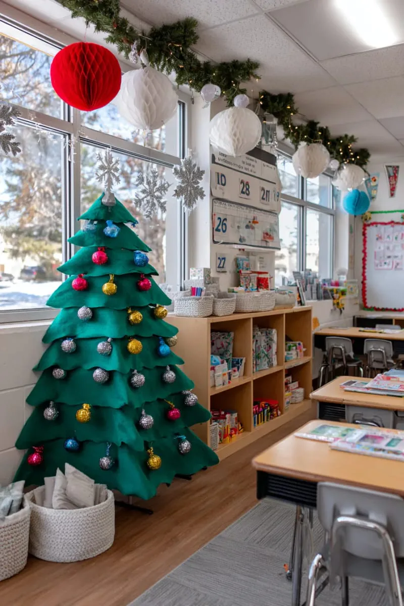 21 Festive Classroom Christmas Decor Ideas for a Joyful Season 49 countdown calendar tree where students add an ornament each day 1