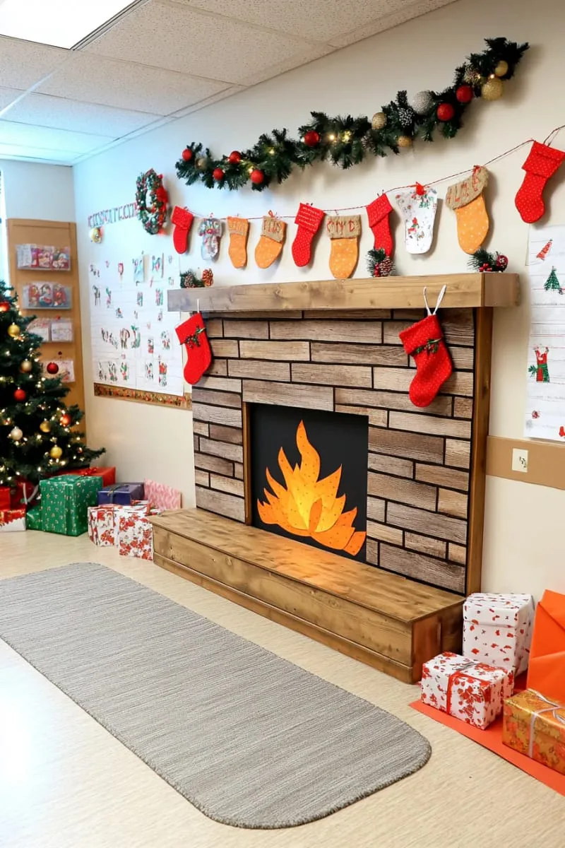 21 Festive Classroom Christmas Decor Ideas for a Joyful Season 72 cozy “living room” bulletin board with a fireplace and twinkling fairy lights 1