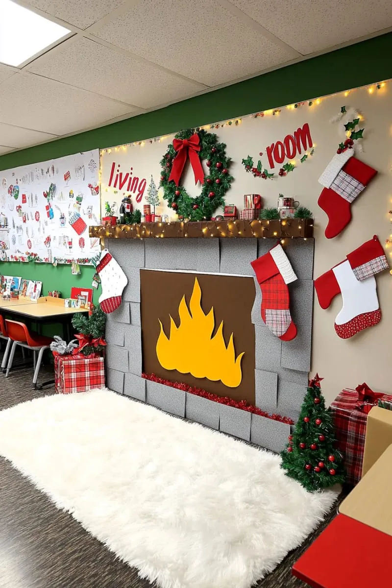 21 Festive Classroom Christmas Decor Ideas for a Joyful Season 73 cozy “living room” bulletin board with a fireplace and twinkling fairy lights 1