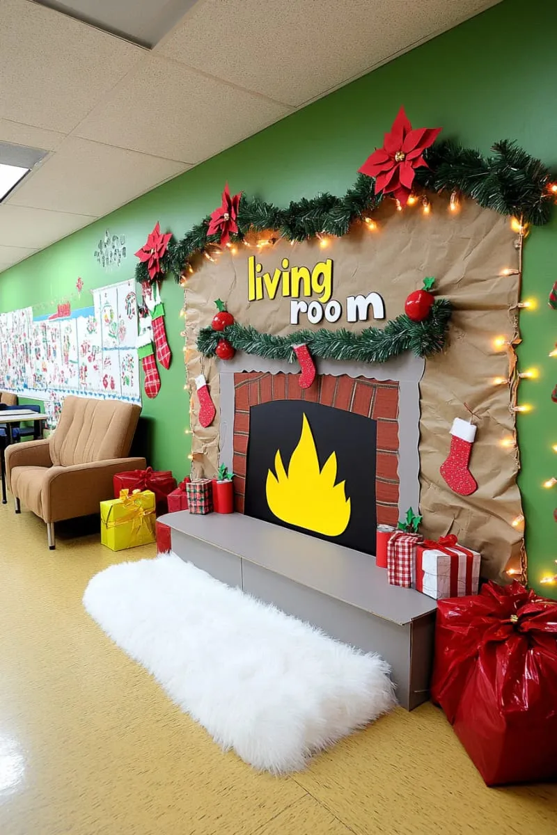 21 Festive Classroom Christmas Decor Ideas for a Joyful Season 76 cozy “living room” bulletin board with a fireplace and twinkling fairy lights 1