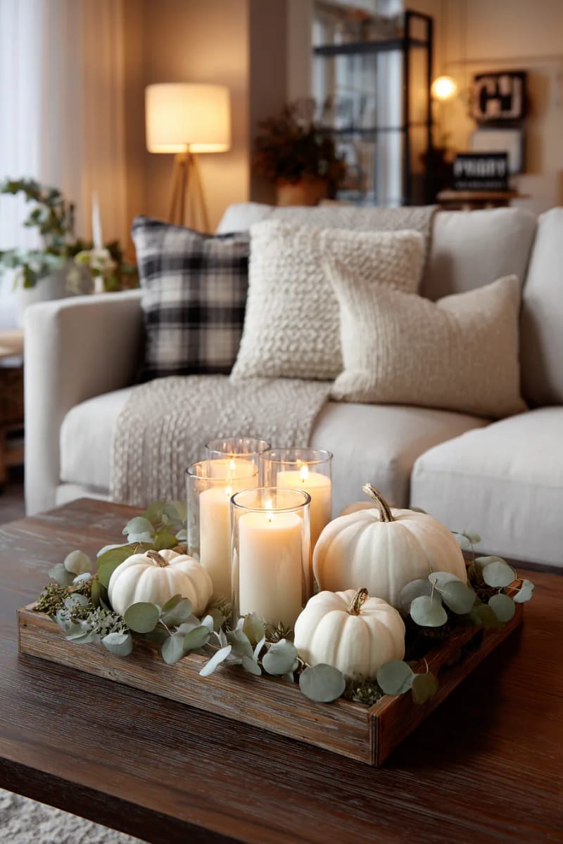 cozy living room tray with white pumpkins, candles, and eucalyptus 1