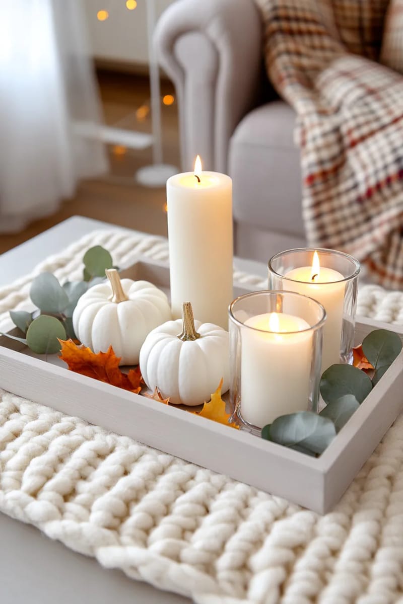 cozy living room tray with white pumpkins, candles, and eucalyptus 1